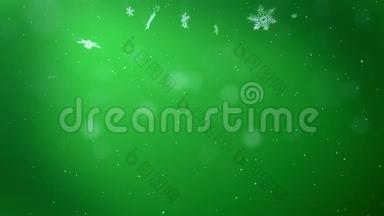 装饰的3d雪花在绿色背景下夜间落下.. 用作圣诞、新年贺卡或冬季动画